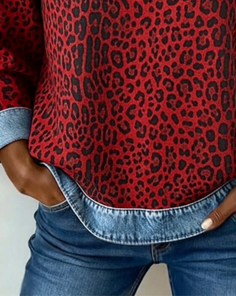 Damen Lässig Leopardenmuster Rundhals Pullover