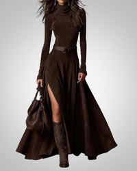 Ruth | Damen Lässig Langarm Hoch Hals Maxikleid