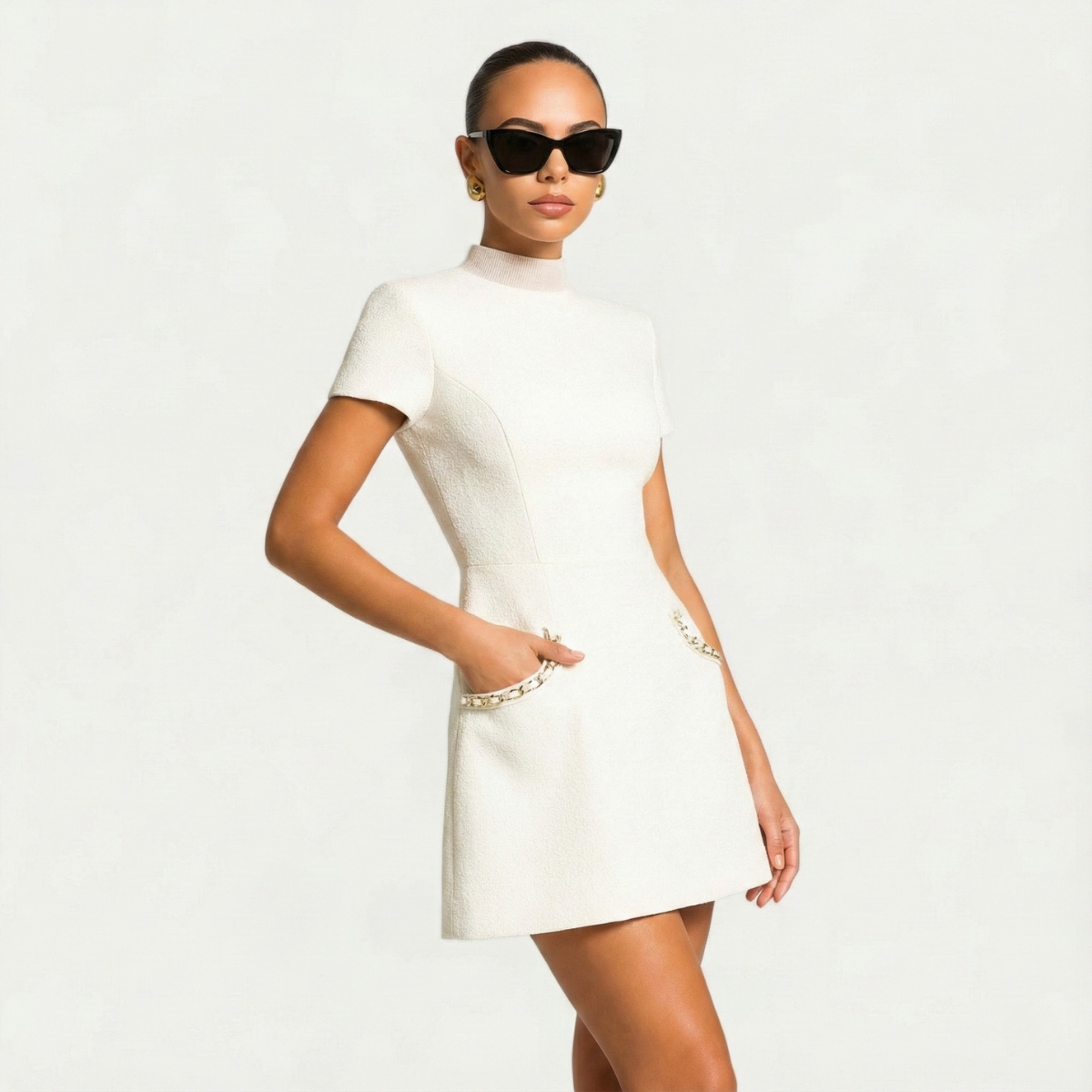 Damen Mini Kleid mit Perlenbesatz und Taschendetails