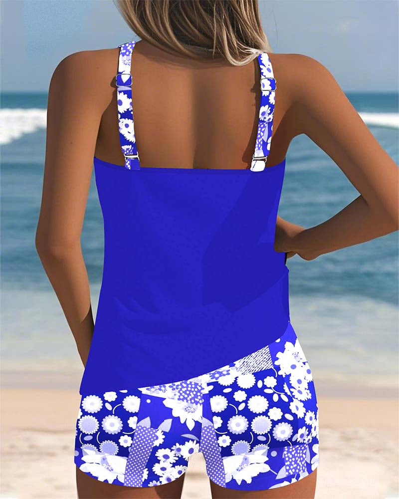 Damen Zweiteiliger Tankini Badeanzug mit Blumenmuster im Strand-Stil