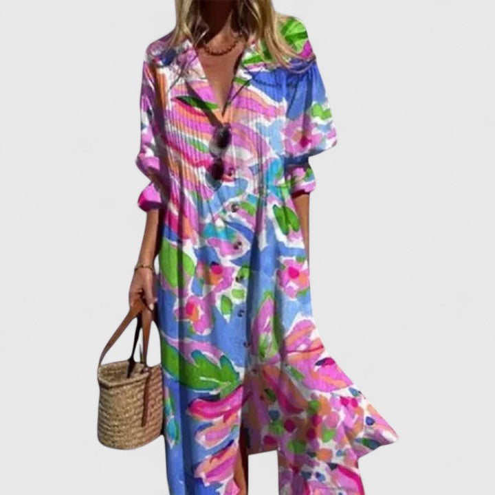 Damen Knopfleiste V-Ausschnitt Sommer Boho Midikleid