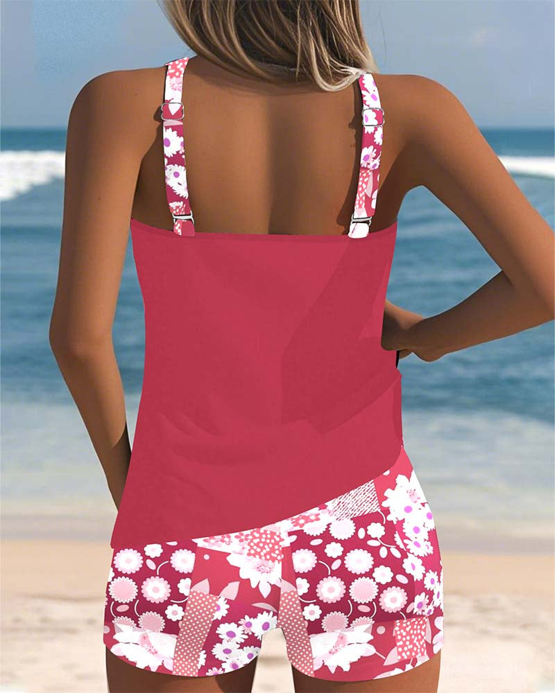 Damen Zweiteiliger Tankini Badeanzug mit Blumenmuster im Strand-Stil