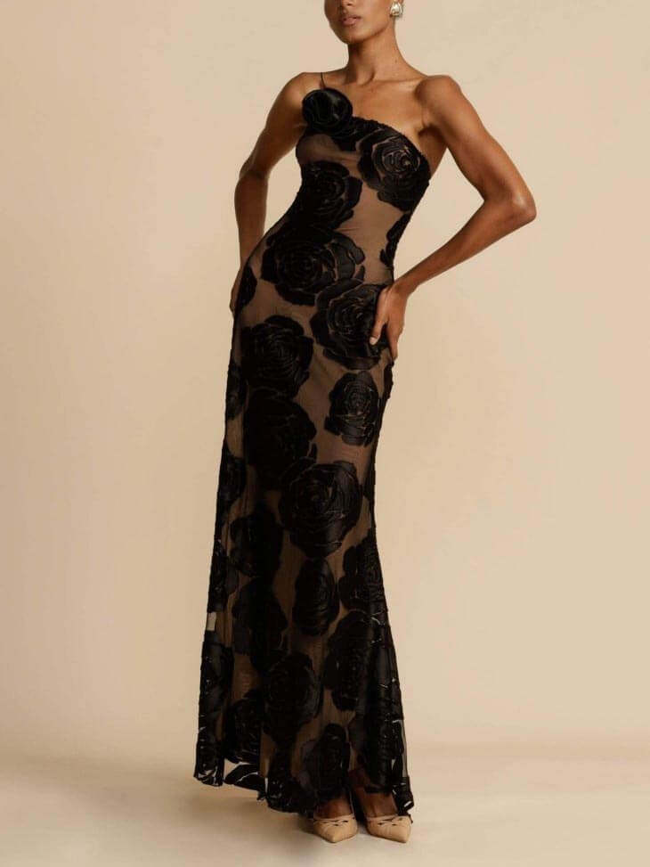 Damen Geblümtes One-Shoulder Festliches Maxi Abendkleid