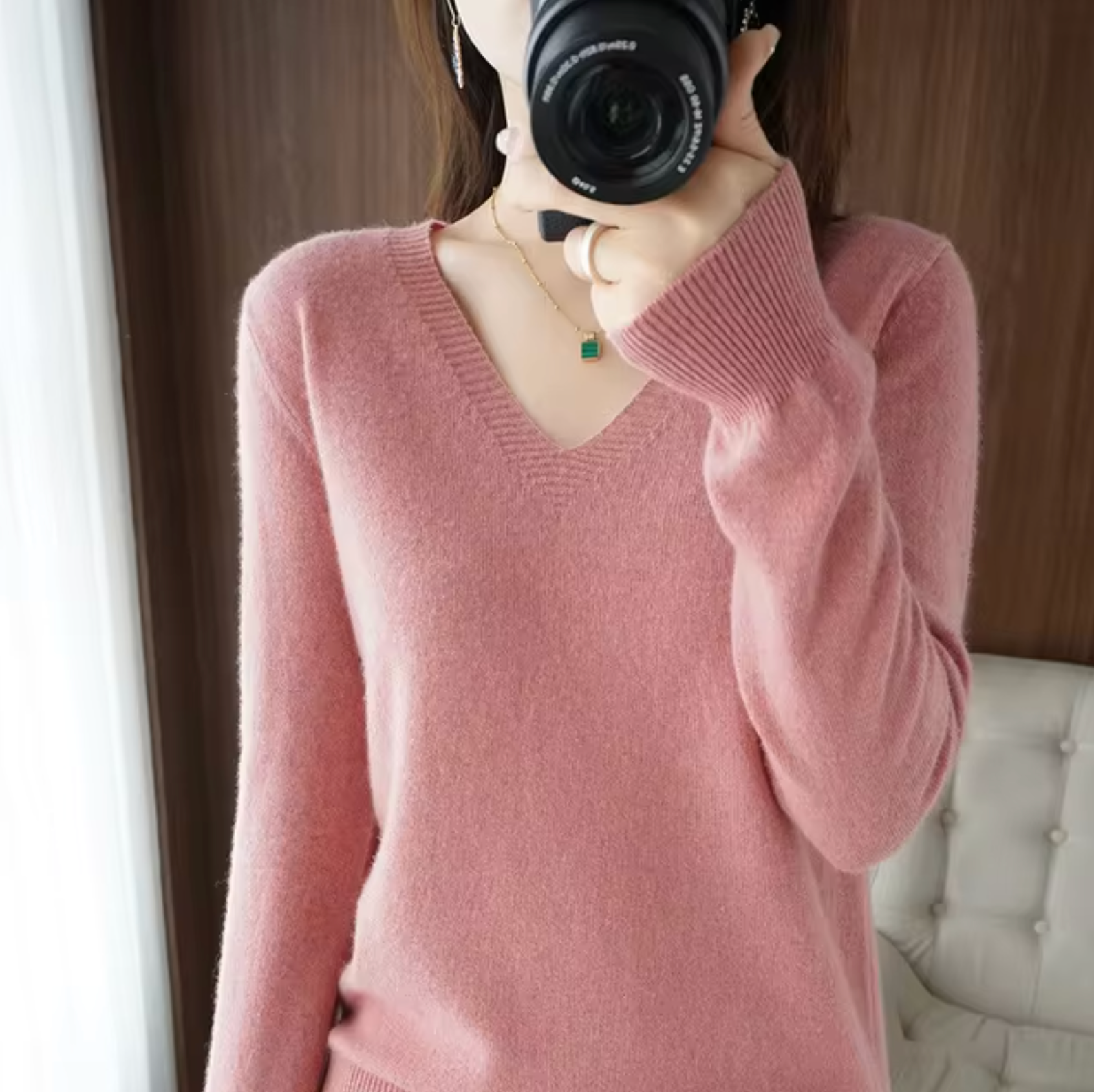 Damen V Ausschnitt Rippbündchen Strickpullover