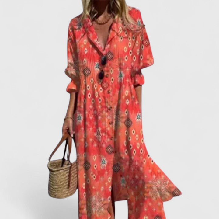Damen Knopfleiste V-Ausschnitt Sommer Boho Midikleid