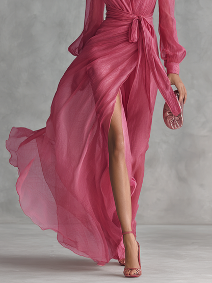 Marie | Damen Elegantes Rosa Wickel Langarmkleid mit V-Ausschnitt