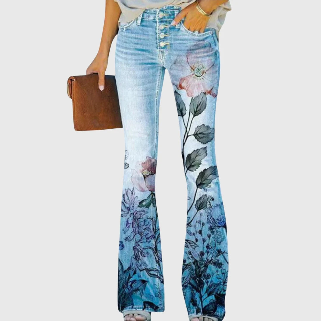 Damen Lässig Blumenmunster Enge Jeans Hose