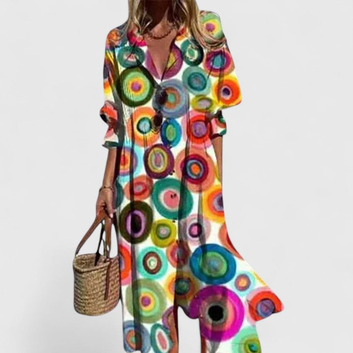 Damen Knopfleiste V-Ausschnitt Sommer Boho Midikleid