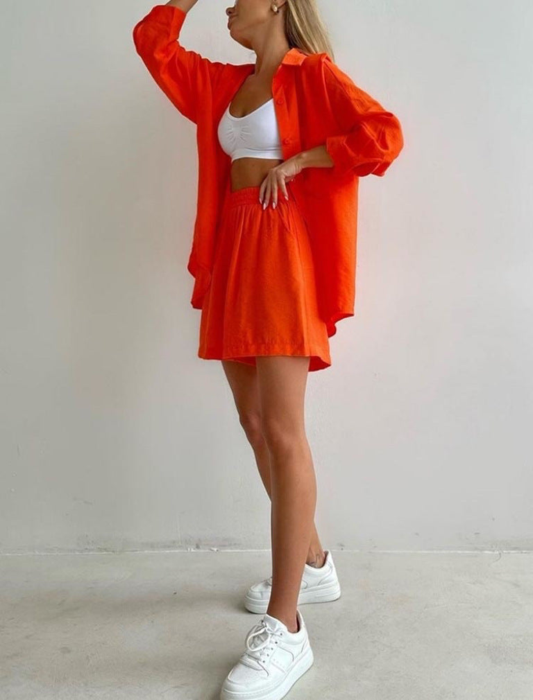 Damen Sommer Knopfleiste Zweiteiler Linen Set