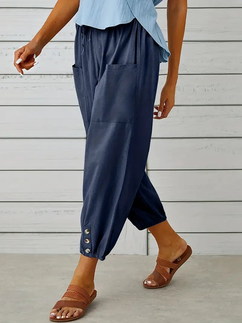 Damen Leichte Cropped Sommer Hose mit Kordelzug