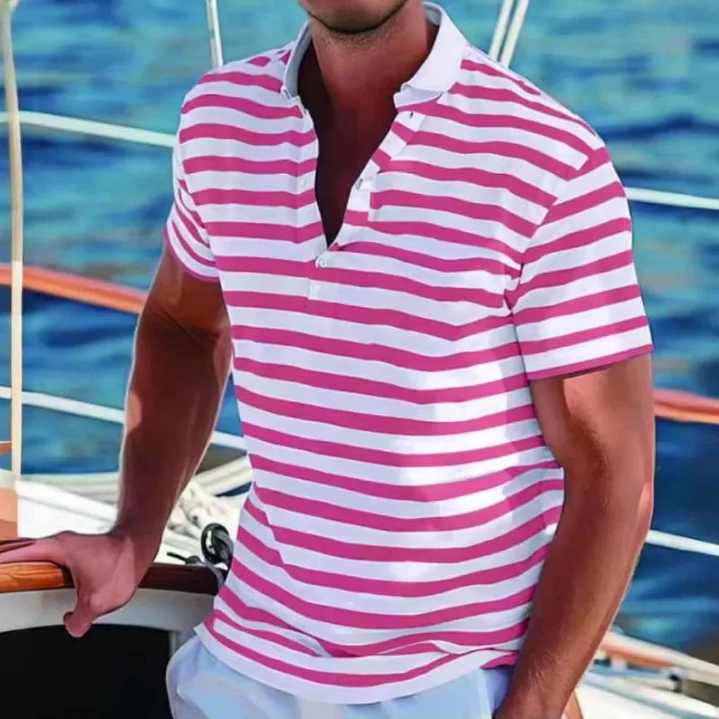 Herren Klassisch Streifen Knopfleiste Poloshirt