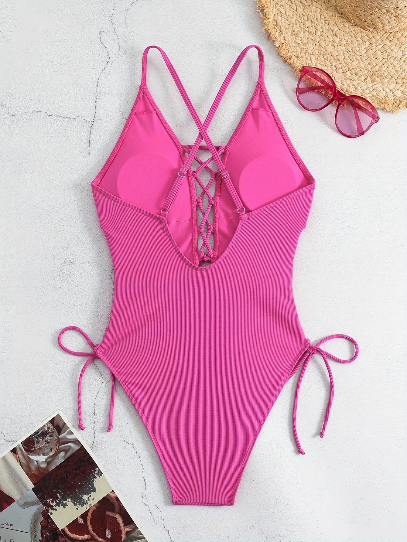 Damen Sommer Schnürung Gerippt Monokini Badeanzug