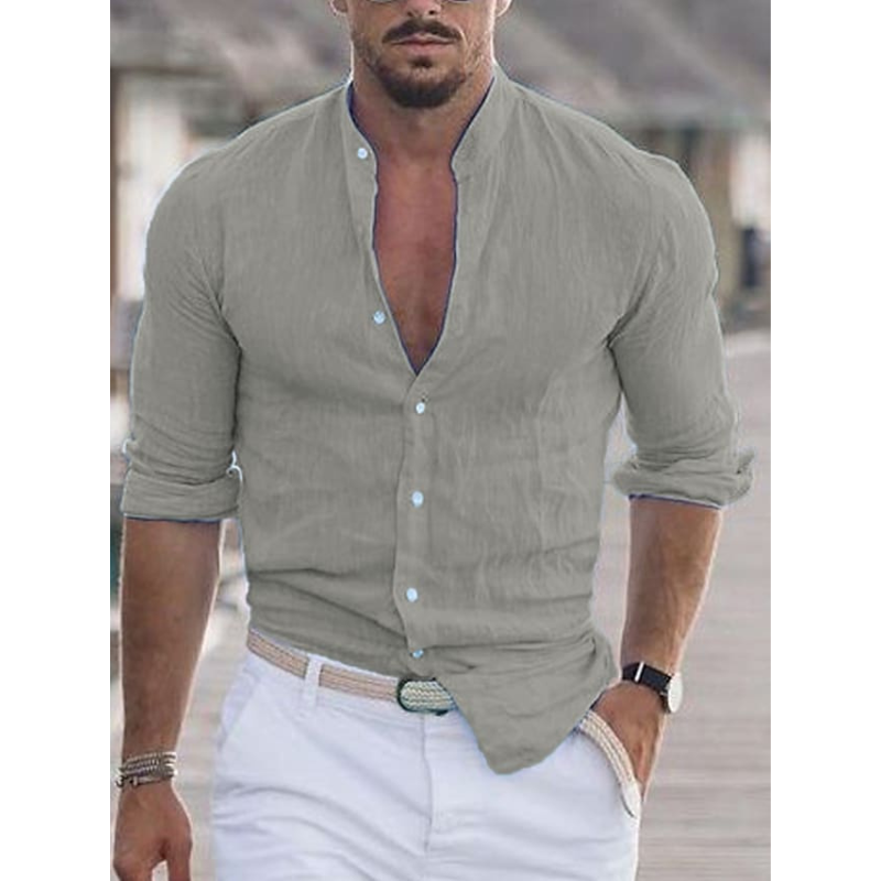 Herren Stehkragen Slim Fit Sommer Hemd