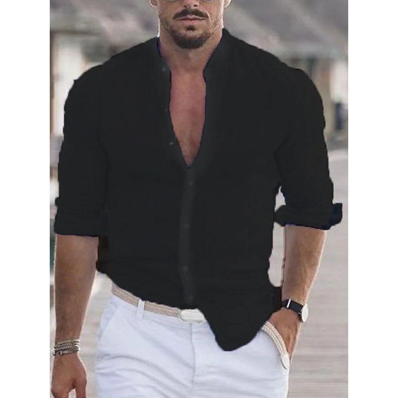 Herren Stehkragen Slim Fit Sommer Hemd