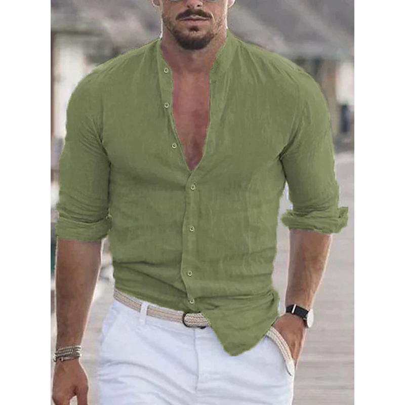 Herren Stehkragen Slim Fit Sommer Hemd
