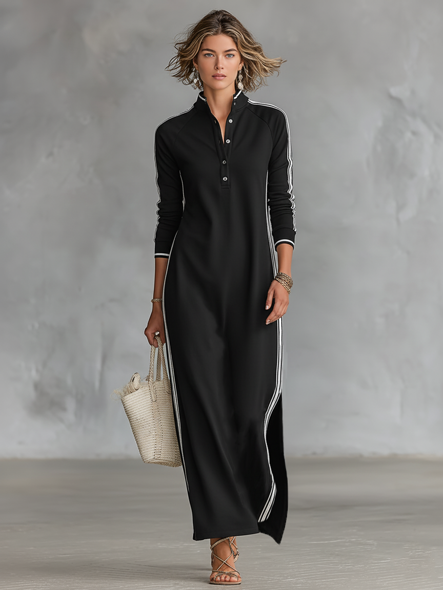 Bettina | Damen Elegantes Kragen Maxikleid mit Knöpfen