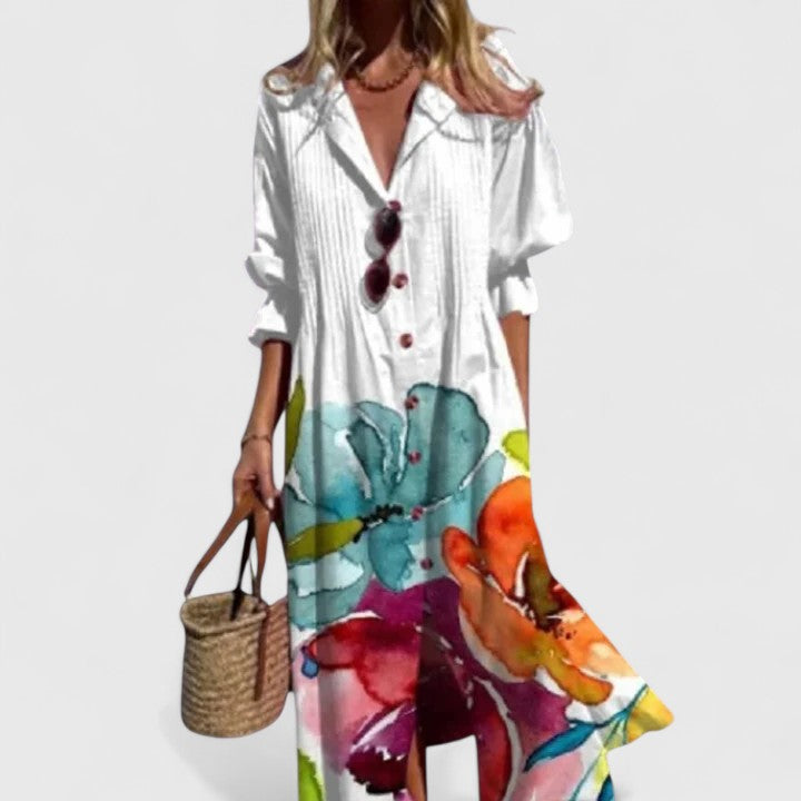 Damen Knopfleiste V-Ausschnitt Sommer Boho Midikleid