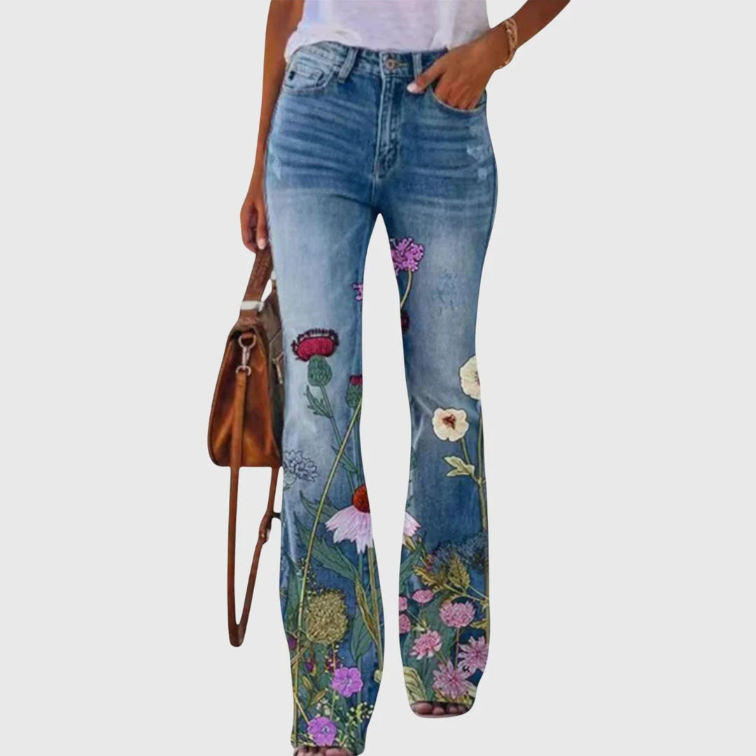 Damen Lässig Blumenmunster Enge Jeans Hose