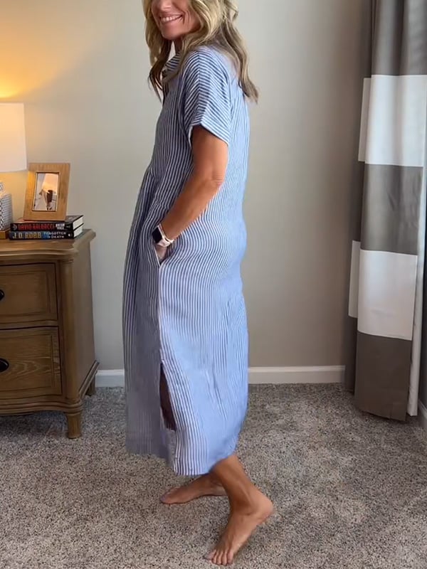 Damen Gestreiftes Hemdblusenkleid mit Knopfleiste im lässigen Stil