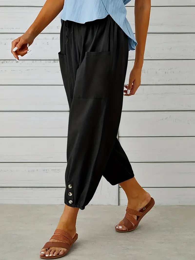 Damen Leichte Cropped Sommer Hose mit Kordelzug