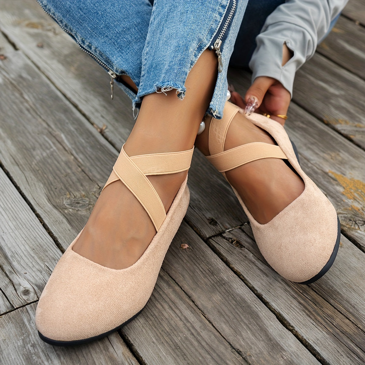 Damen Elegant Kreuzriemen Slip On Ballerina Schuhe