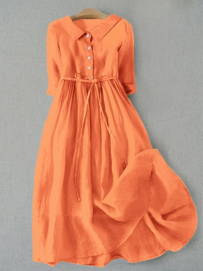 Damen Sommer Knopfleiste Leinen Midikleid