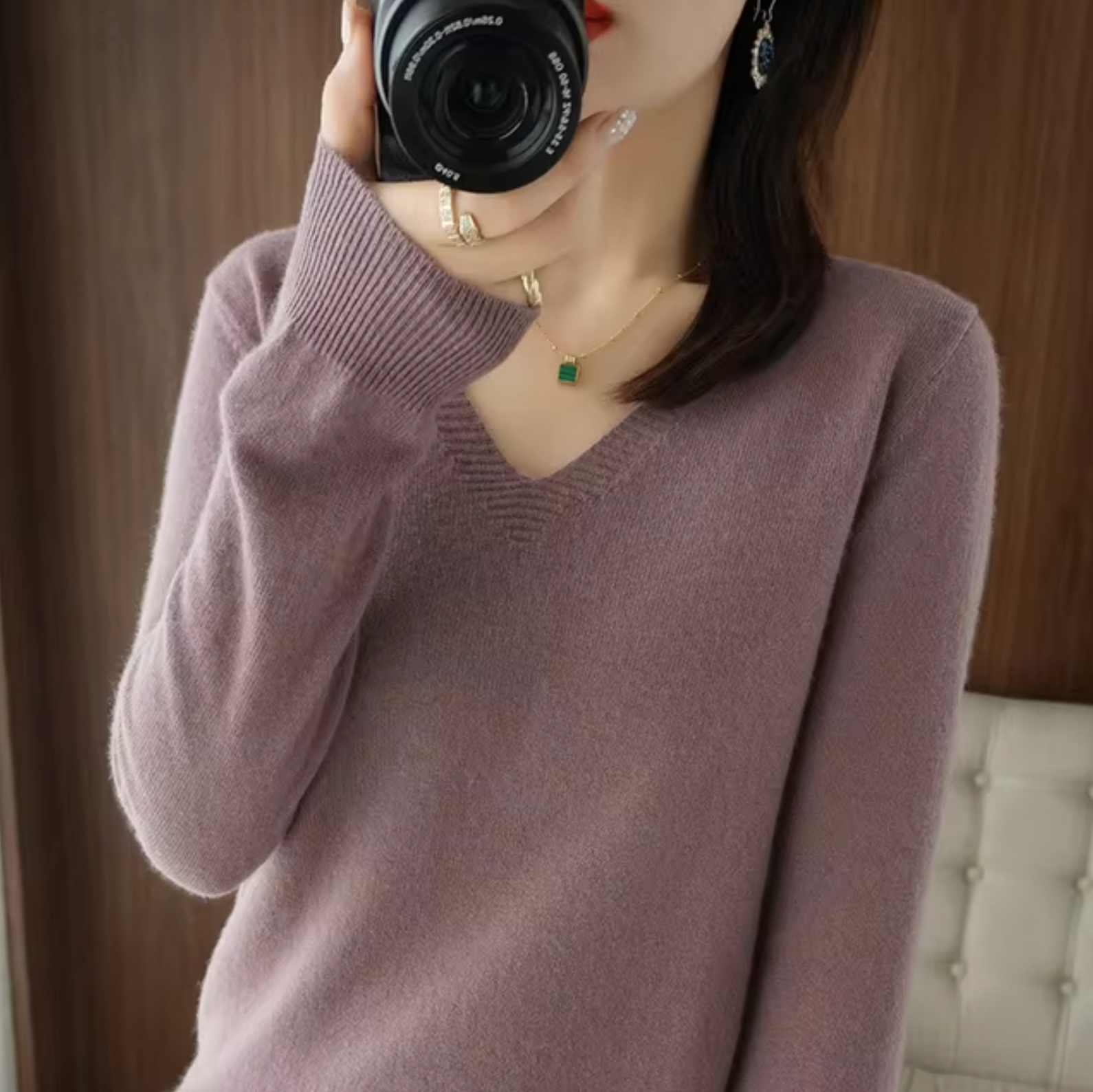 Damen V Ausschnitt Rippbündchen Strickpullover