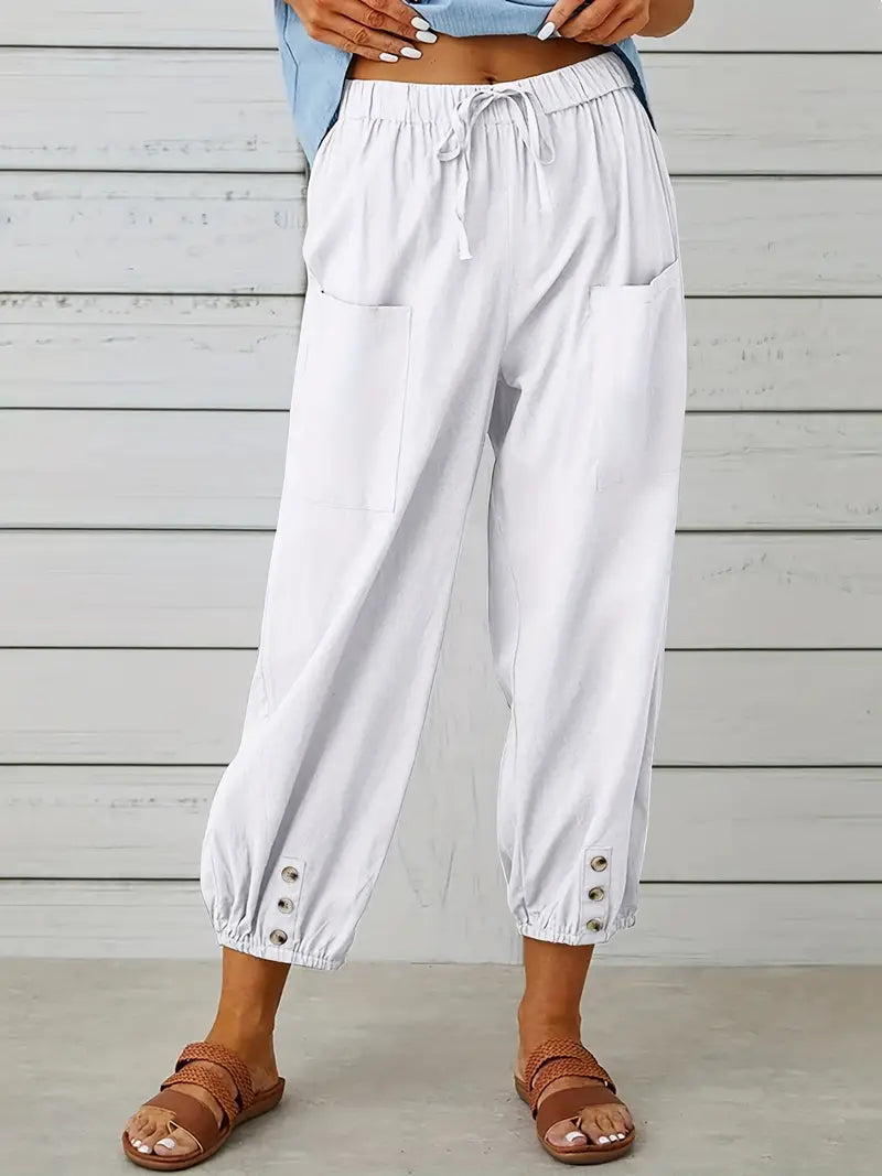 Damen Leichte Cropped Sommer Hose mit Kordelzug