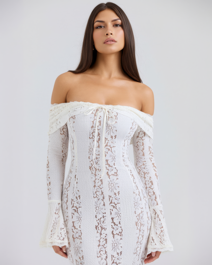 Christa | Damen Elegantes Off Shoulder Hochzeitsgastkleid mit Spitze