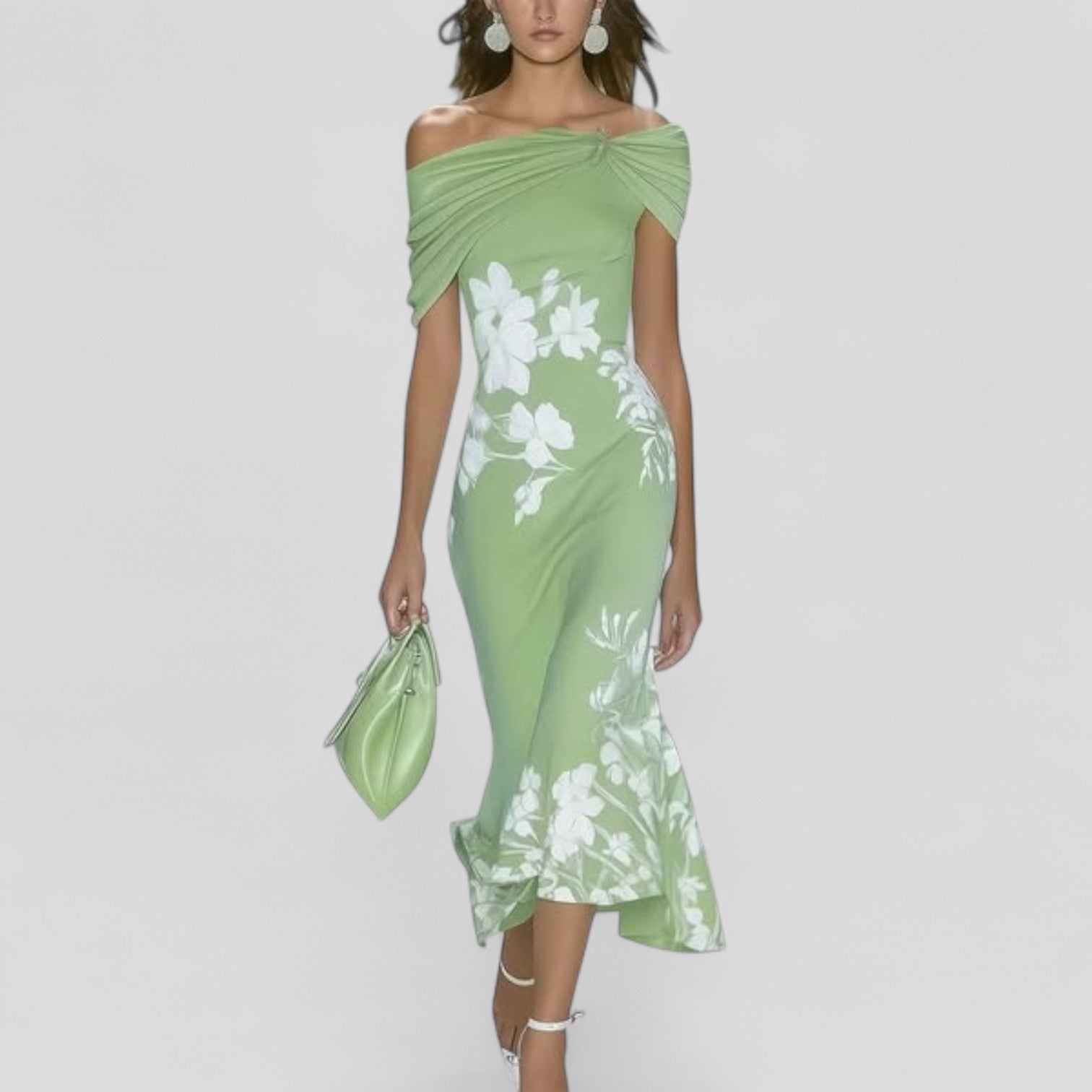 Damen Sommer Off-Shoulder Blumenmuster Midi Kleid