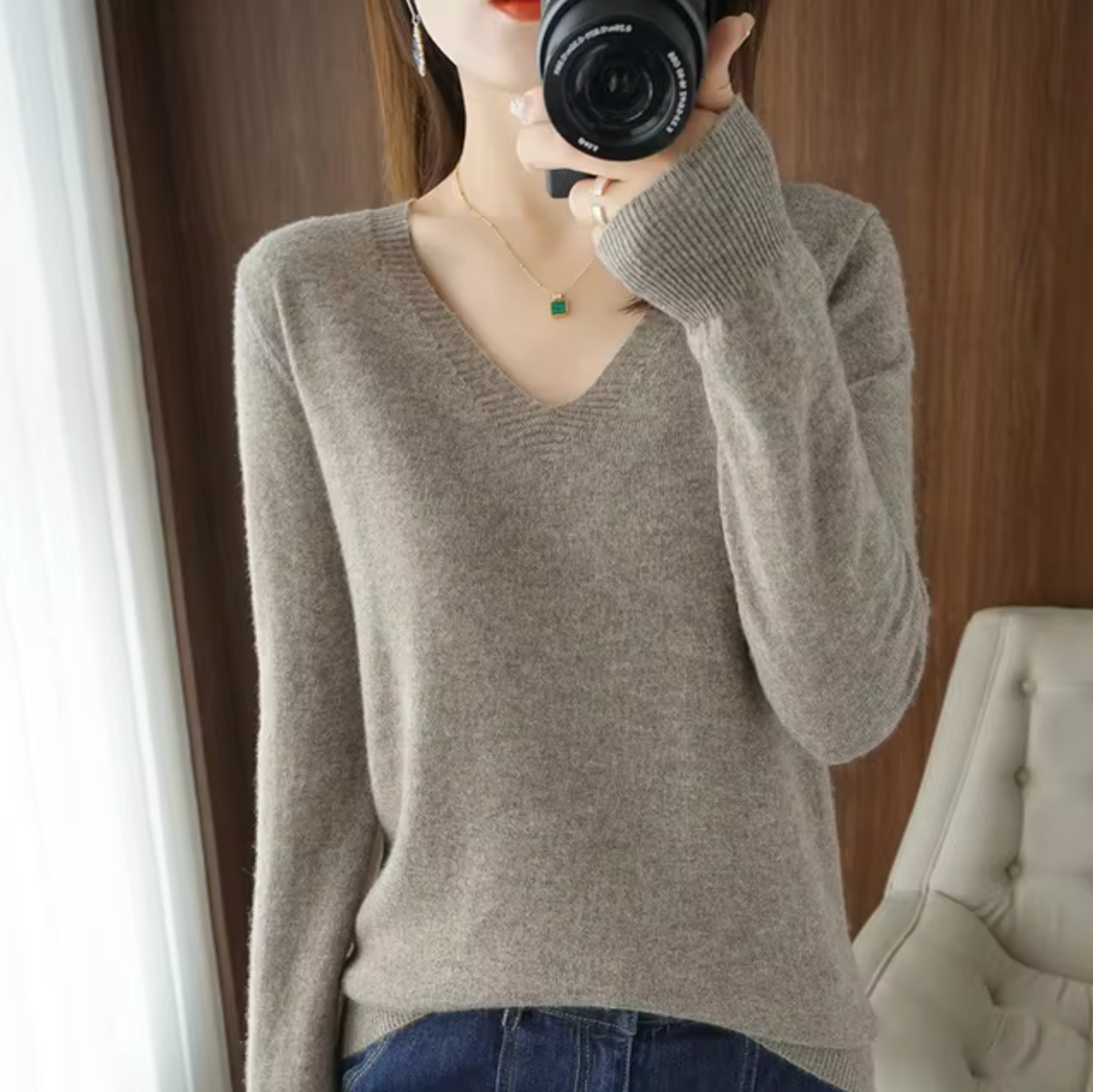Damen V Ausschnitt Rippbündchen Strickpullover