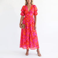 Linda | Damen Elegantes Geblümtes Sommerkleid Mit Puffärmeln
