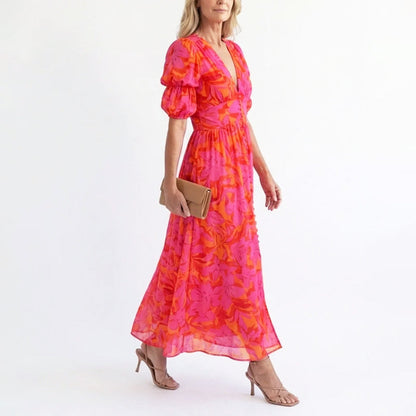 Linda | Damen Elegantes Geblümtes Sommerkleid Mit Puffärmeln