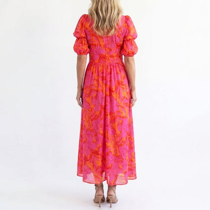 Linda | Damen Elegantes Geblümtes Sommerkleid Mit Puffärmeln