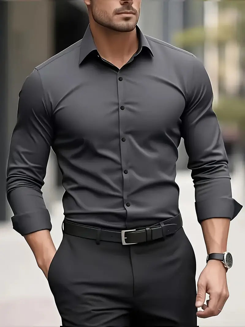 Herren Slim Fit Langarmhemd | Bügelfreies Button-Up Hemd mit Knitterschutz