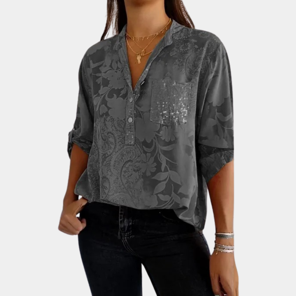 Damen Gemusterte Halblange V-Ausschnitt Bluse