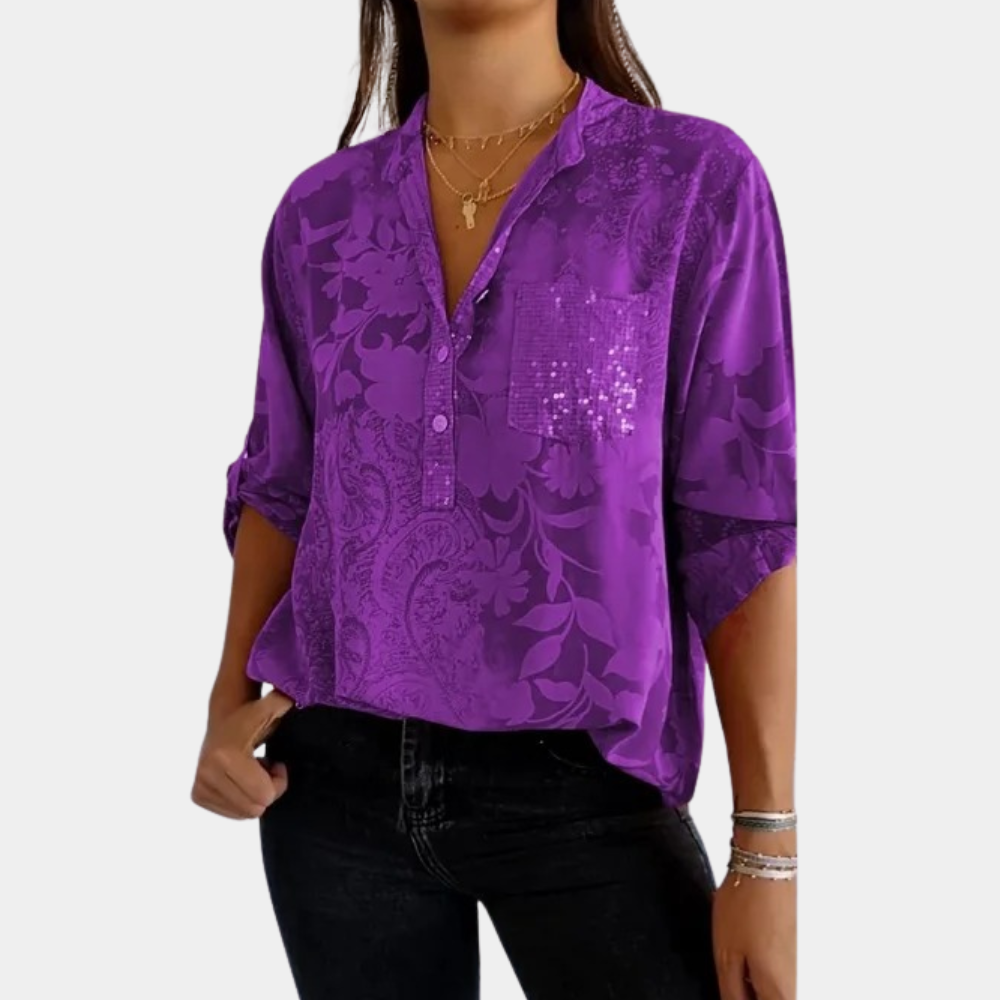 Damen Gemusterte Halblange V-Ausschnitt Bluse