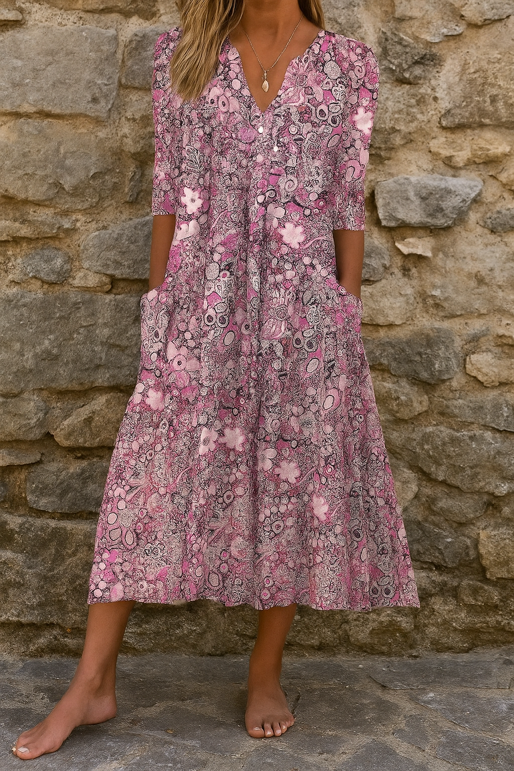 Damen V Ausschnitt Sommer Blumenmuster Midikleid