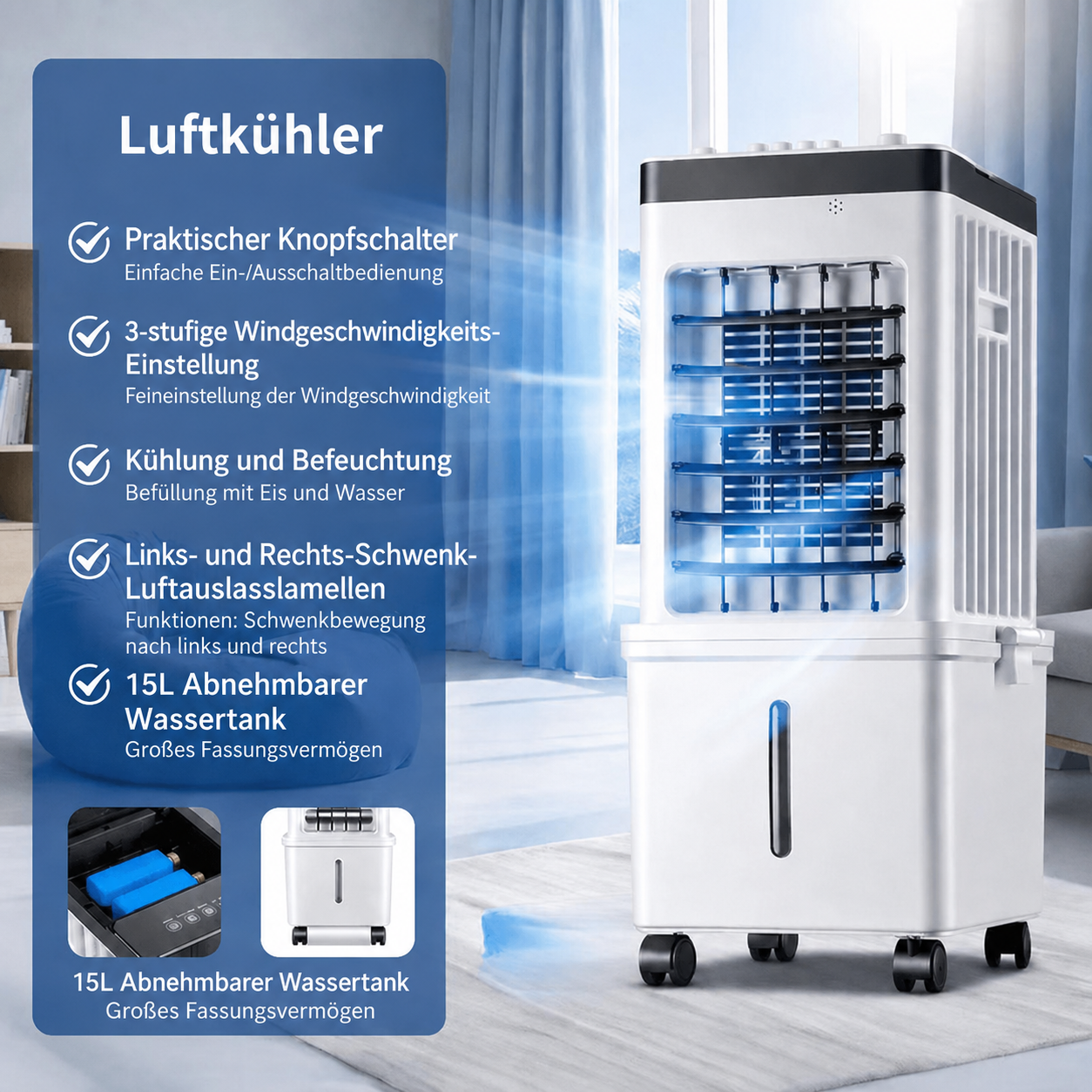 Mobile Luftkühler Ventilator Mit Rollen | Klimagerät Luftbefeuchter Rollbar für Zuhause