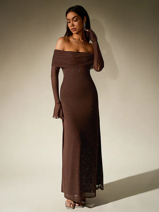 Damen Elegant Off Shoulder Maxi Abendkleid