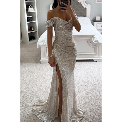 Damen Schulterfrei Hochzeitsgast Maxikleid
