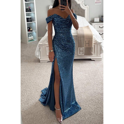 Damen Schulterfrei Hochzeitsgast Maxikleid