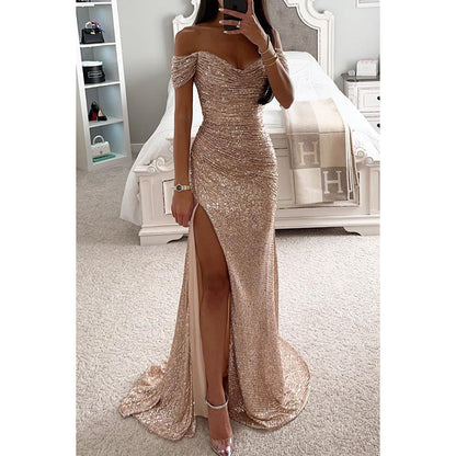 Damen Schulterfrei Hochzeitsgast Maxikleid