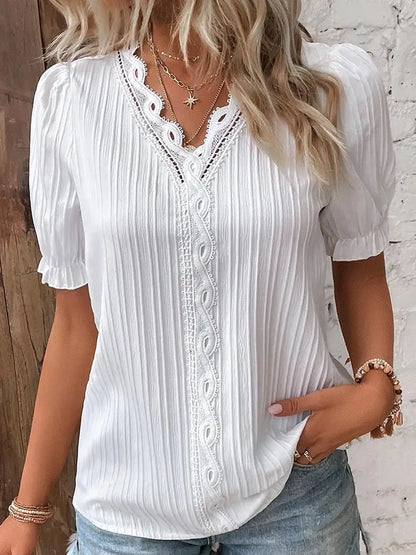 Damen Kurzarm V-ausschnitt Bluse mit Spitze