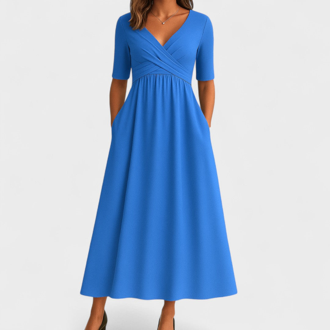 Damen Elegant V-Ausschnitt Sommer Midikleid