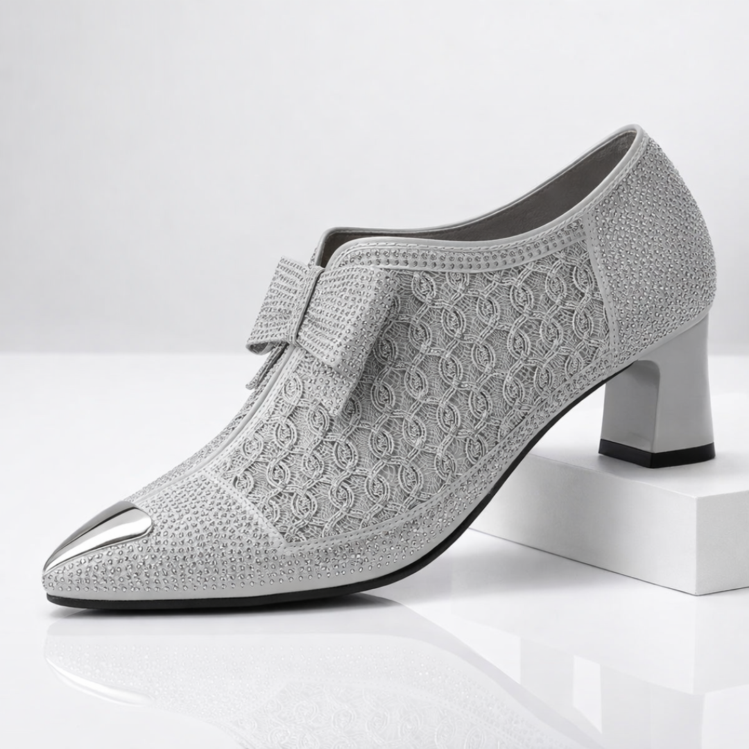 Damen Pumps mit Blockabsatz Schleife und Strass 6cm Absatz