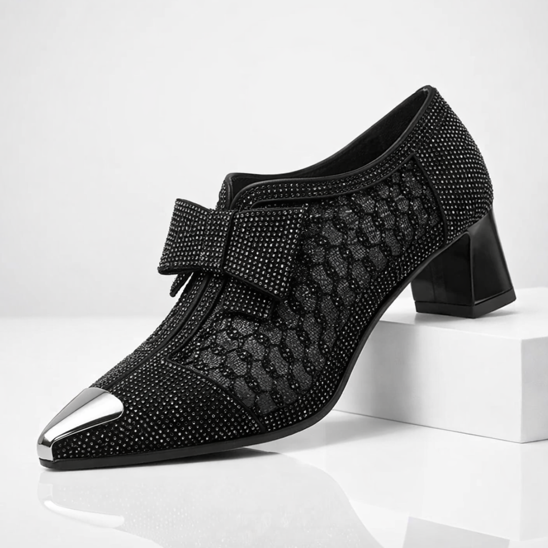 Damen Pumps mit Blockabsatz Schleife und Strass 6cm Absatz