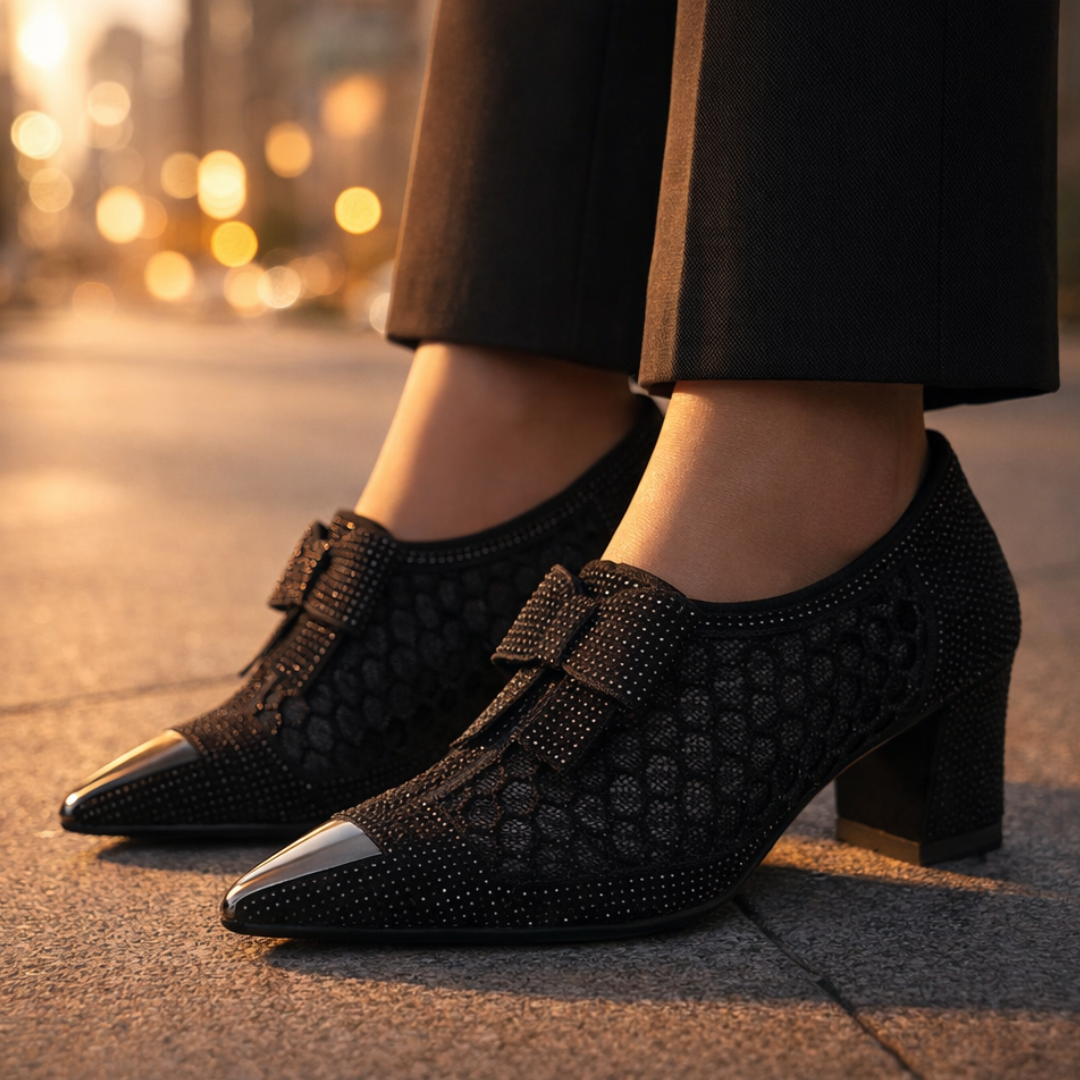 Damen Pumps mit Blockabsatz Schleife und Strass 6cm Absatz