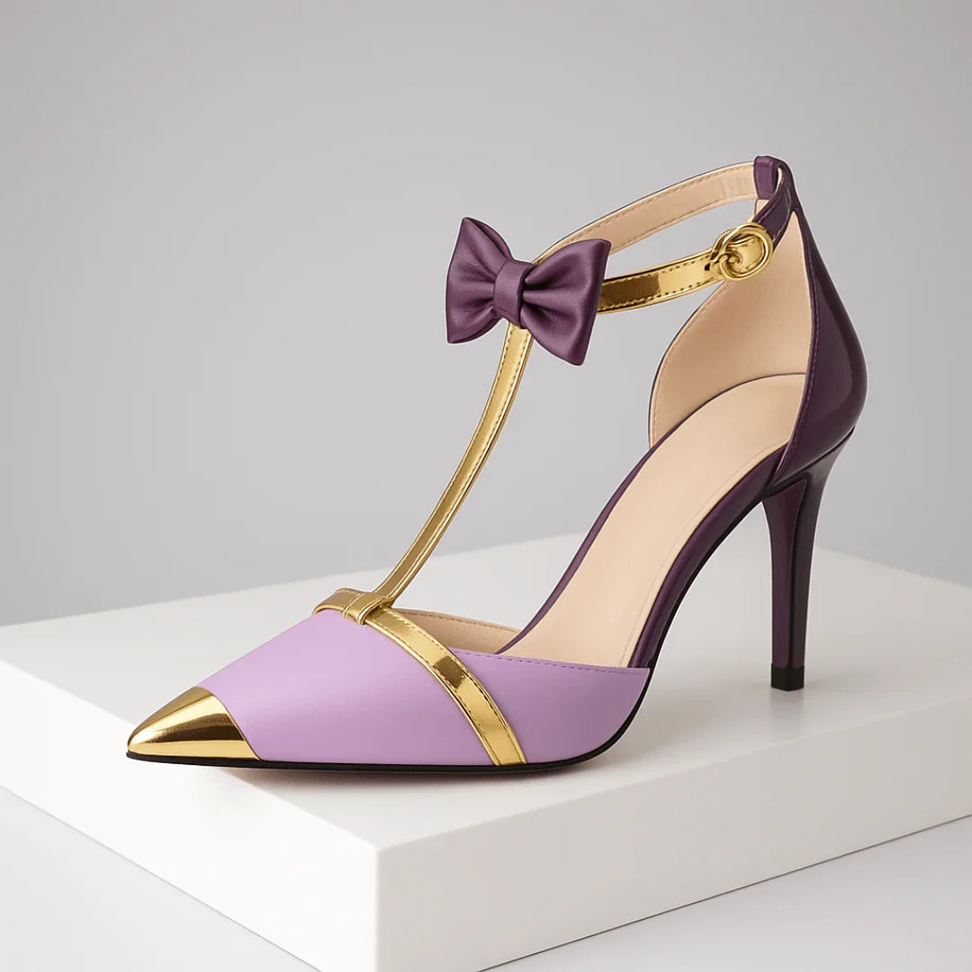 Damen Pumps mit Stiletto-Absatz Schleife und T-Riemen