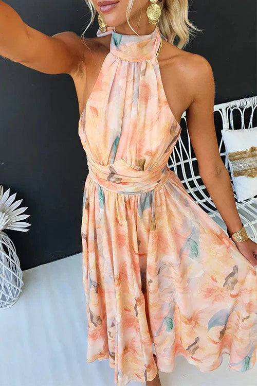 Damen Sommer Maxikleid mit Aquarellmuster und fließendem Schnitt
